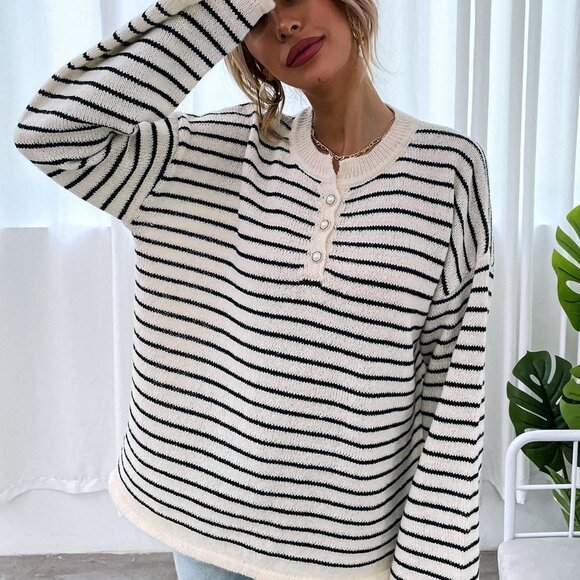 Black and White Preppy Womens Striped Drop Shoulder Button Front Sweater - Picture 4 of 5